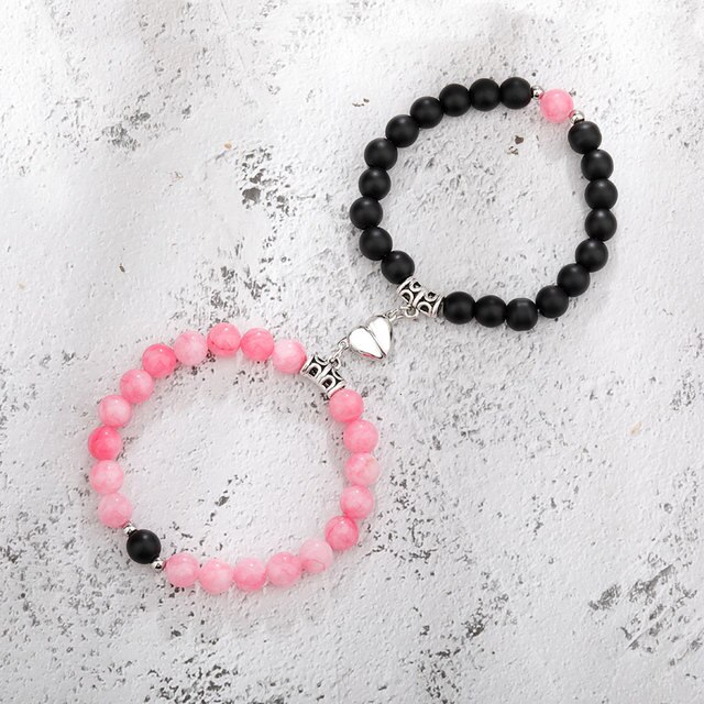 2-Stks-set-Paar-Armbanden-Roze-Zwarte-Natuursteen-Kralen-Hartvormige-Afstand-MagneetArmband-Sieraden-Geschenken