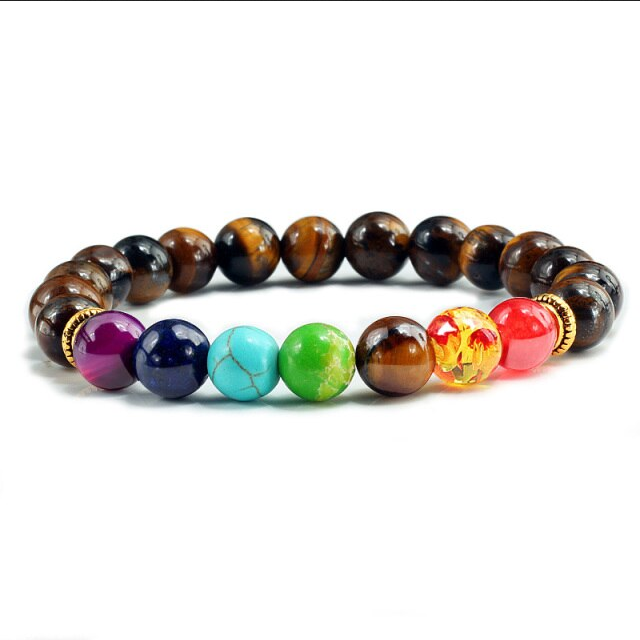 Natuursteen-Tiger-Eye-7-Chakra-Armbanden-Bangles-Yoga-Balance-Kralen-Boeddha-Gebed-Elastiek