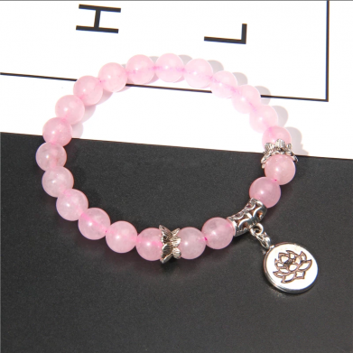 Rozekwarts, lotusbloem bedel, bedelarmband, roze armband Handgemaakte-Natuursteen-Lotus-Ohm-Boeddha-Kralen-Armband-Roze-Zebra-Steen-Lotus-Charm