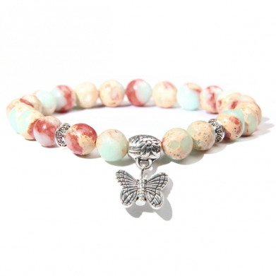 Slangenhuid agaat, shoushan, agaat armband, vlinderbedel bedel Handgemaakte-Natuursteen-Lotus-Ohm-Boeddha-Kralen-Armband-Roze-Zebra-Steen-Lotus-Charm