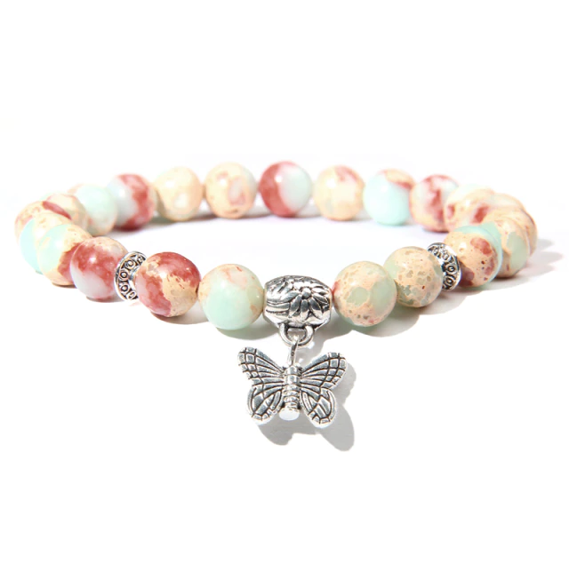 Slangenhuid agaat, shoushan, agaat armband, vlinderbedel bedel Handgemaakte-Natuursteen-Lotus-Ohm-Boeddha-Kralen-Armband-Roze-Zebra-Steen-Lotus-Charm