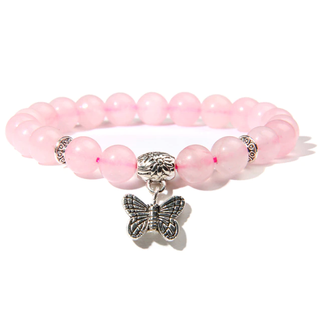 Rozekwarts, Vlinderbedel, bedelarmband, roze armband Handgemaakte-Natuursteen-Lotus-Ohm-Boeddha-Kralen-Armband-Roze-Zebra-Steen-Lotus-Charm