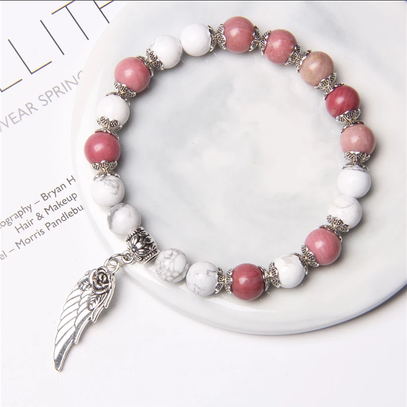 Rhodoniet, bedel, vleugelbedel, Handgemaakte-Zilveren-Kleur-Rose-Angel-Wing-Hanger-Armband-Natuurlijke-Roze-Kwarts-Kristal