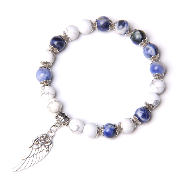 Sodaliet, howliet armband, edelsteen armband, bedel, vleugel bedel, charms, edelsteen armband, blauw