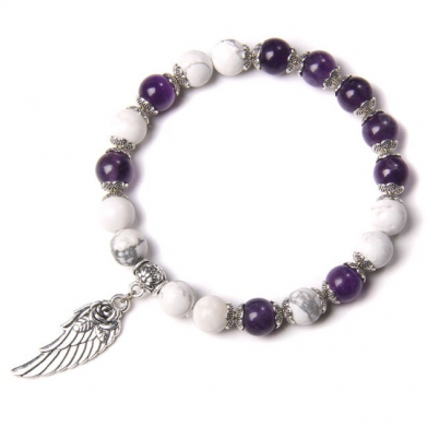 Amethist armband, howliet edelsteen, paars, wit, vleugelbedel, bedel, bedelarmband Handgemaakte-Zilveren-Kleur-Rose-Angel-Wing-Hanger-Armband-Natuurlijke-Roze-Kwarts-Kristal