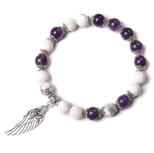 Amethist armband, howliet edelsteen, paars, wit, vleugelbedel, bedel, bedelarmband Handgemaakte-Zilveren-Kleur-Rose-Angel-Wing-Hanger-Armband-Natuurlijke-Roze-Kwarts-Kristal