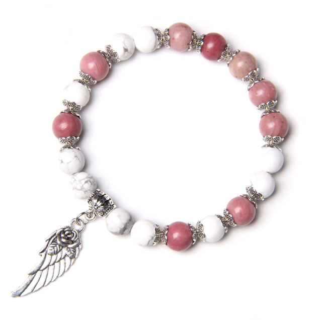Rhodoniet, bedel, vleugelbedel, Handgemaakte-Zilveren-Kleur-Rose-Angel-Wing-Hanger-Armband-Natuurlijke-Roze-Kwarts-Kristal