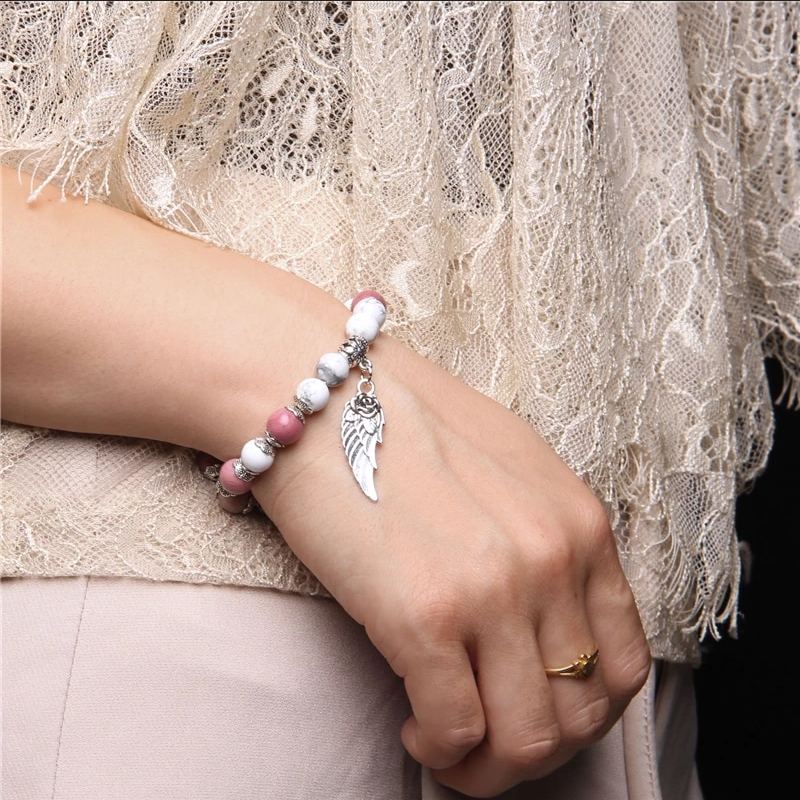 Rhodoniet, bedel, vleugelbedel, Handgemaakte-Zilveren-Kleur-Rose-Angel-Wing-Hanger-Armband-Natuurlijke-Roze-Kwarts-Kristal