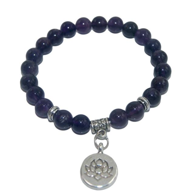 Amethist ronde kralen 8mm edelsteen armband paarse armband lotus lotusbloem lotusbedel bedelarmband