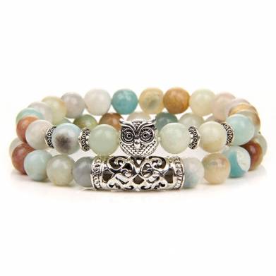 2-Stks-set-Natuurlijke-Amazoniet-Stone-Kralen-Armband-Vrouwen-Fashion-Uil-Bedel-Armband