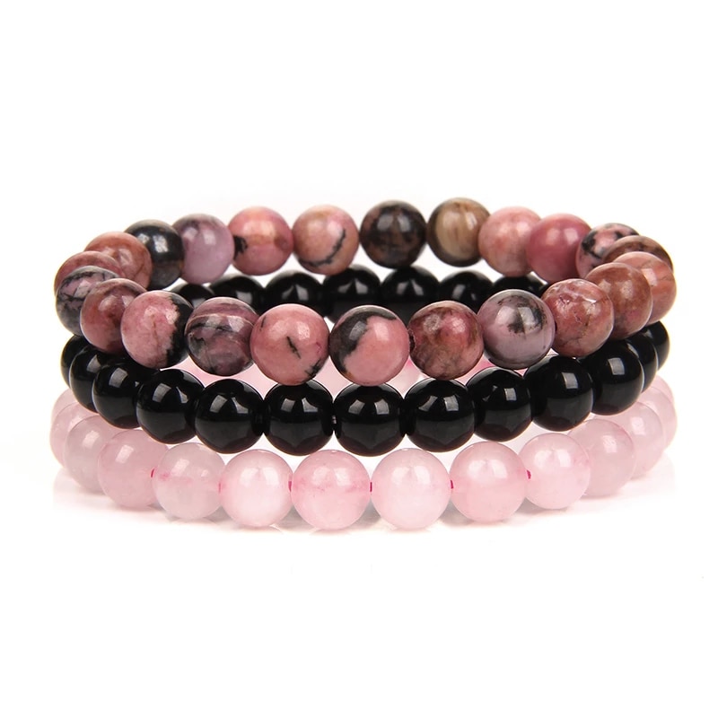 8Mm-Natuursteen-Armband-Set-3-Stks-set-Rhodoniet-Rose-Roze-Quartzs-Obsidiaan