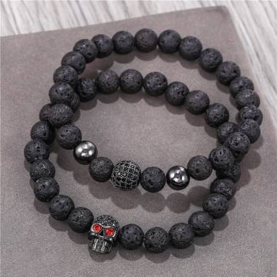 8Mm-Zwarte-Lava-Kralen-Mannen-Armband-Set-Luxe-DoodshoofdHandgemaakte-Armband